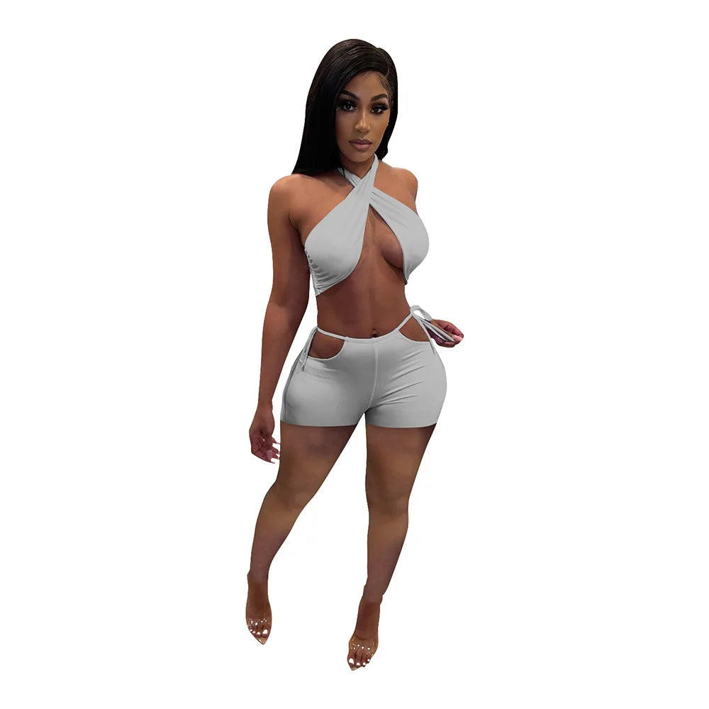 NEW Arrivals 2PCS Set 9 Colors Women Sexy Ruched Bandage Criss Cross Solid Hot Women Spring Summer Backless Evening Beach Party Night Club Crop Top and Shorts Matching Set