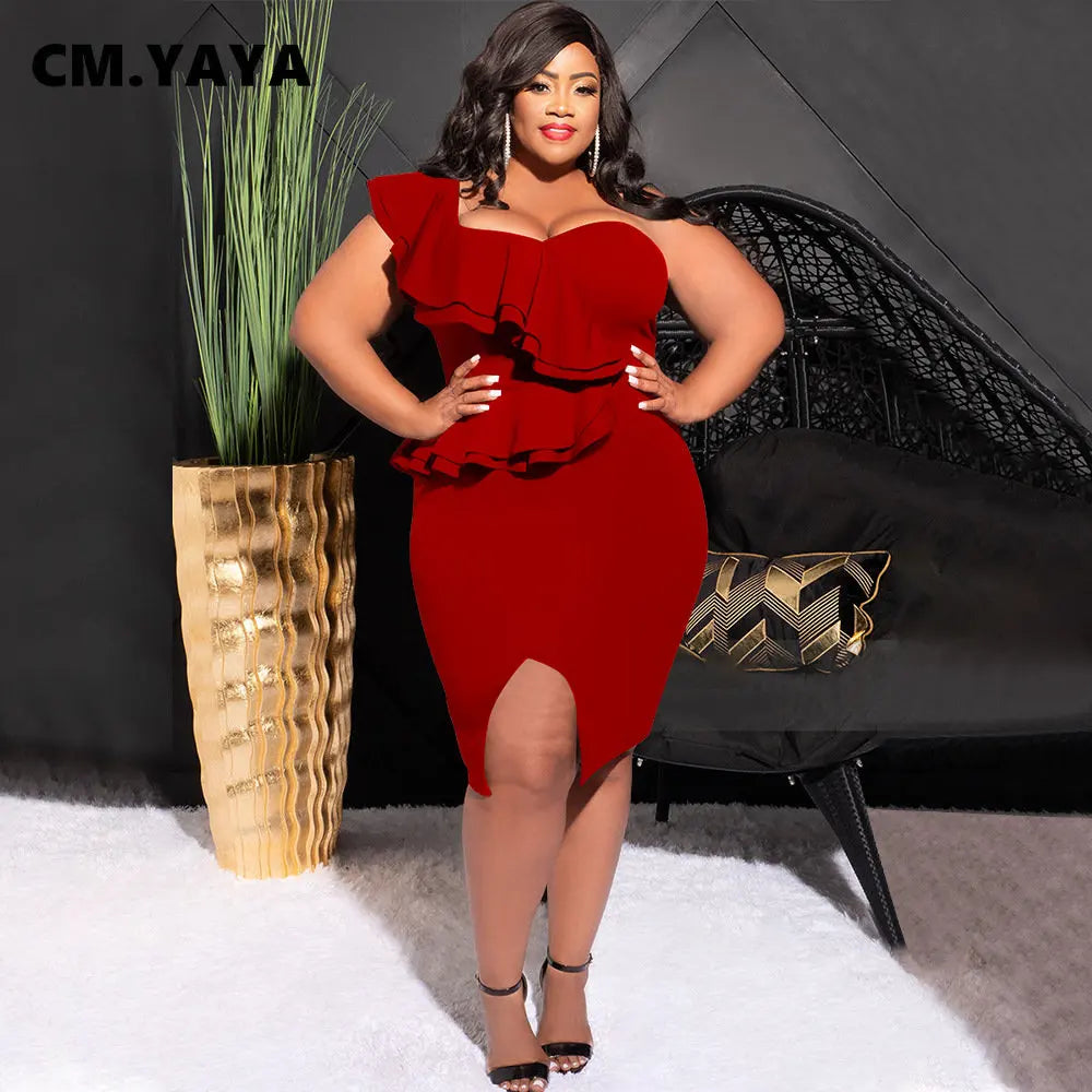 Plus Size Women Ruffles Shoulder Sleeveless Bodycon Midi Dress  Fashion INS Curve Sexy Party Club Dresses