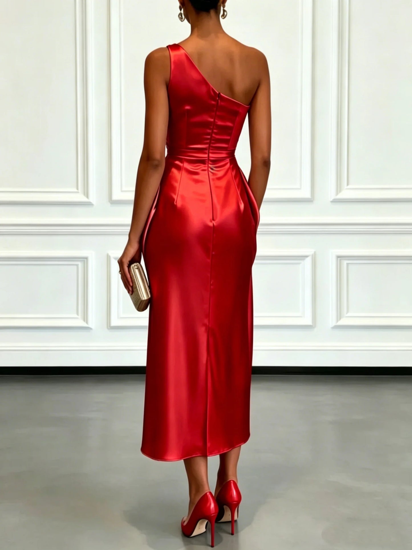 S-2XL UK Size One Shoulder Luxury Satin Midi Dress With Ruched Waist Elegant Sleeveless Evening Wedding Guest Business Party Formal Gown Ladies Outfits.