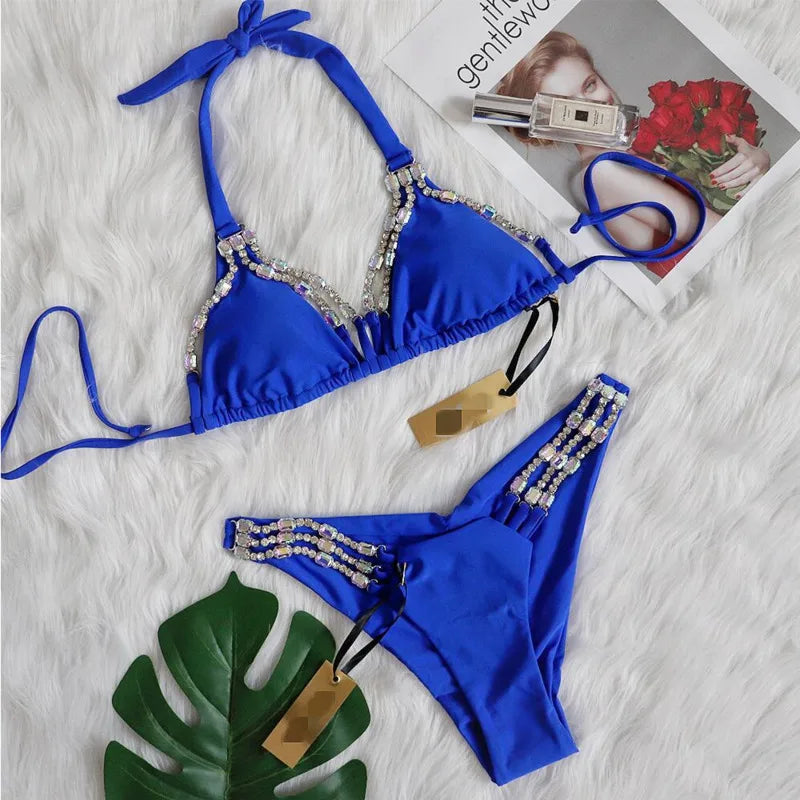NEW Arrivals Sexy Rose Red/Black S-XL Bikinis Swimsuit With Rhinestones Women Female Swimwear Female Push Up Bikini Beach Swim Wear Bathing Suits Water Pool Bather Girls Ladies Summer Luxury Fashion Apparel Supplies