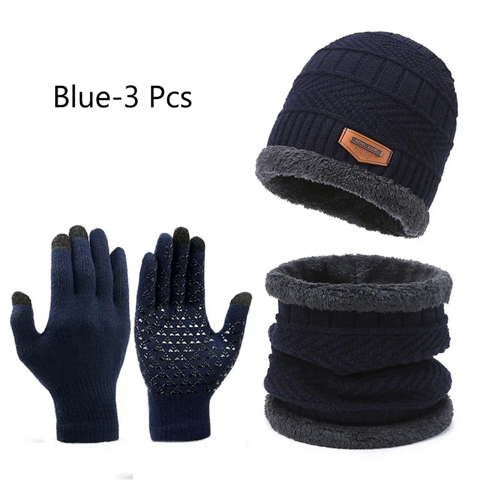3 PCS Set Winter Fleece Thicken Windproof Hat Gloves Scarf Set Plush Warm Wool Knit Beanies for Men And Women