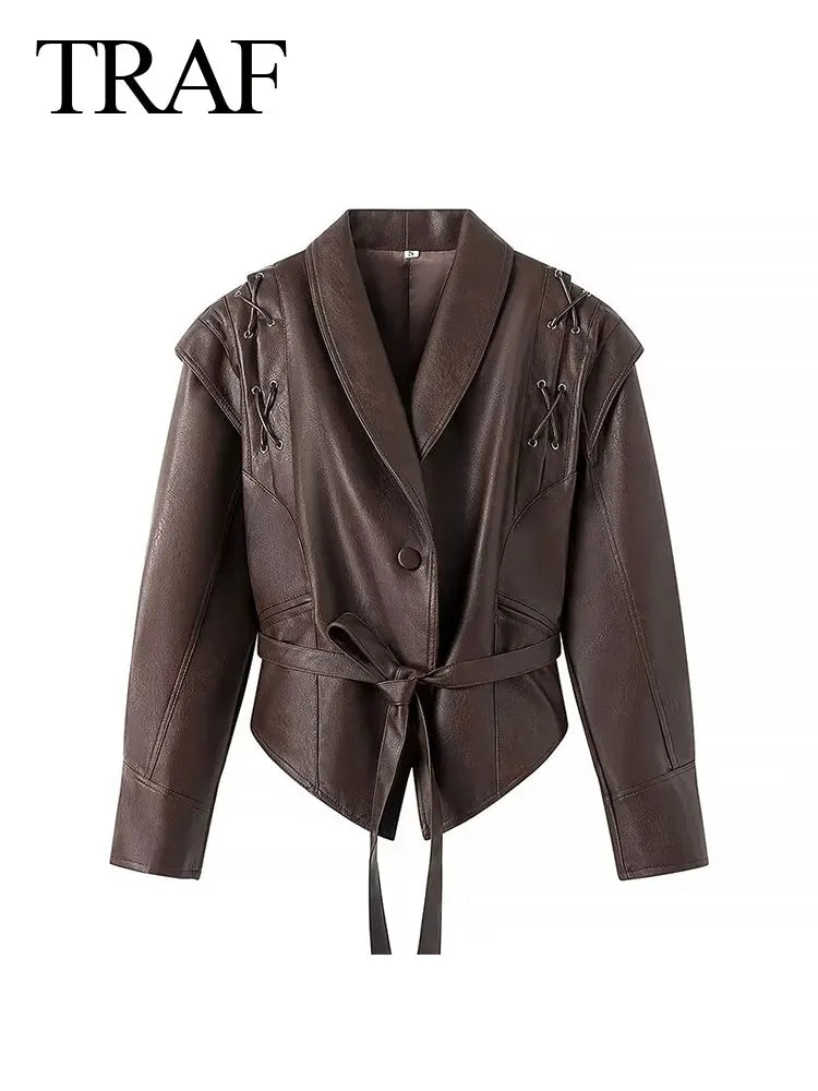 Female Street Leather Jacket Spring Women's Versatile Brown Long Sleeves V-neck Single Breasted Lace-up Causal Coats