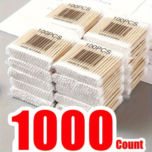 1000 PCS Set Wooden Bamboo Cotton Swabs - Bamboo Sticks Cotton Swabs For Ears, Makeup Cleaning  - Double Round Thick Cotton Buds Cleaning Hygiene Tools Combo Beauty Health Supplies