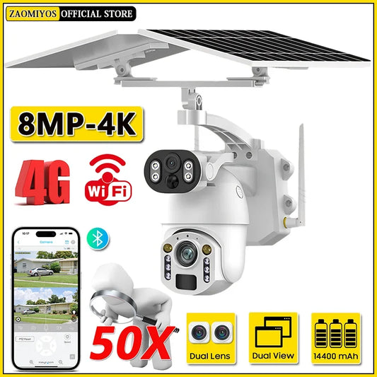 NEW 4K 8MP 50X Optical Zoom Solar Camera 4G Sim/Wi-Fi PTZ Dual Lens Recording Humanoid Tracking Outdoor Waterproof IP Security Camera Home Office Factory Anti-Burglary Systems
