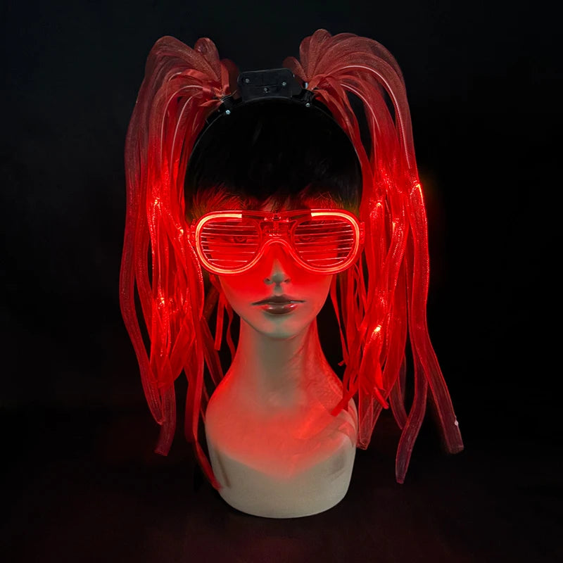 2 PCS Set Headbands + Glasses Rave Party  Luminous Flashing Noodles Headband Light Up Braid Headband Girl Women Bar Club Night Show Headwear Supplies