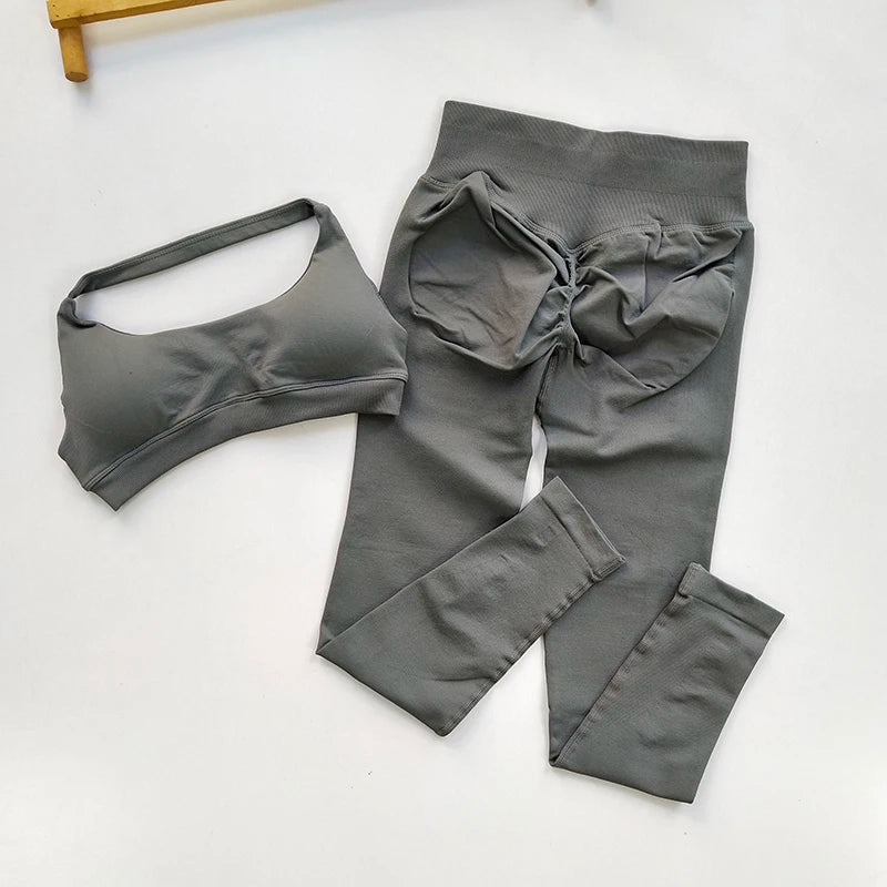 2 PCS Set 12 Colors Sports Suit Women's Running Seamless Yoga Thin Straps Beautiful Back Fitness Bras Gym High-waisted Peach Leggings Sets