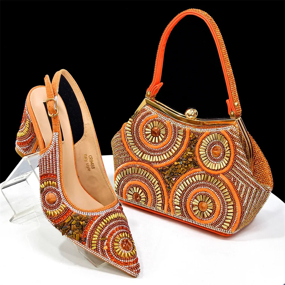 8 Colors High-End Matching Women's Luxury Shoes with Diamond Hard Box Bag Popular in Nigeria Evening Wedding Party Women's High Heels Shoes Apparel Sets