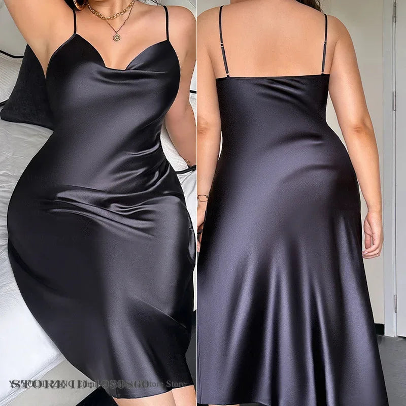 NEW Plus Size XL-2XL-3XL 4XL 5XL, 6 Colors Long Ice Silk, Rayon Nightgown Summer Curvy Female Nightwear Suspender Nightdress Lingerie Loose Satin Home Chubby Women Dress Loungewear