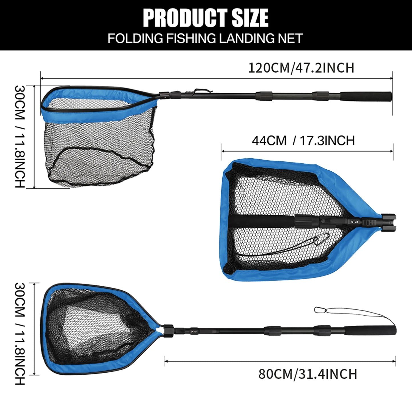 Fishing Landing Net Aluminum Alloy Durable Telescoping Extend to 190cm/130cm/55cm Folding Mesh Safe Fish Catching Releasing Fishing Accessory Sets