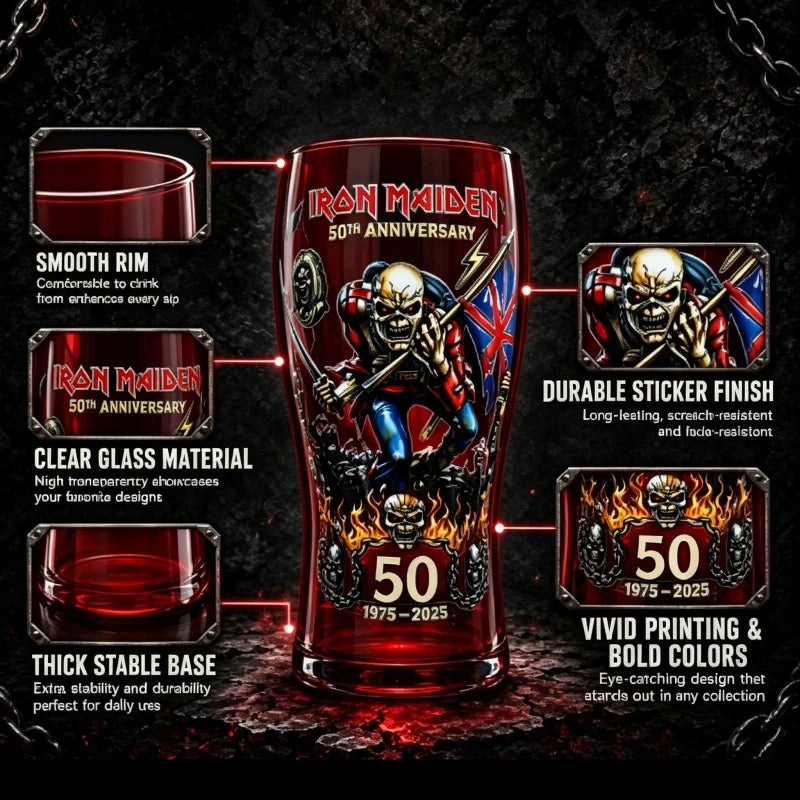 IRON MAIDEN 50th Anniversary Collectible Beer Glass, 500ml 16oz The Trooper Eddie Skull Sticker Craft Pint Glass, Heavy Metal Rock Band Lovers Fans Home Bar Pubs Night Rock Club Drinkware Accessories Barware Supplies