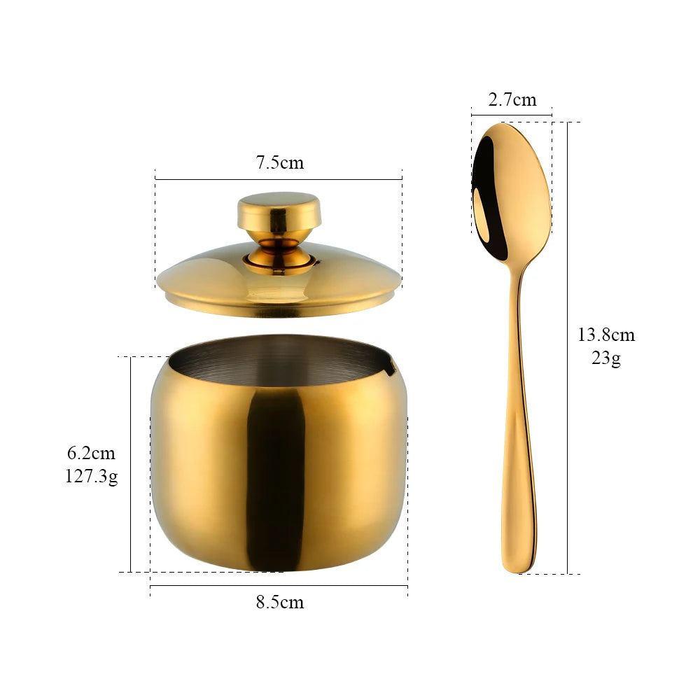 3 PCS Luxury Set + 3 Matching Spoons 304 Stainless Steel Gold Seasoning Condiment Pot Set Spice Salt Sugar Container Pepper Jar Tool with Lid and Spoon Holder Rack Home Tableware Tools Sets
