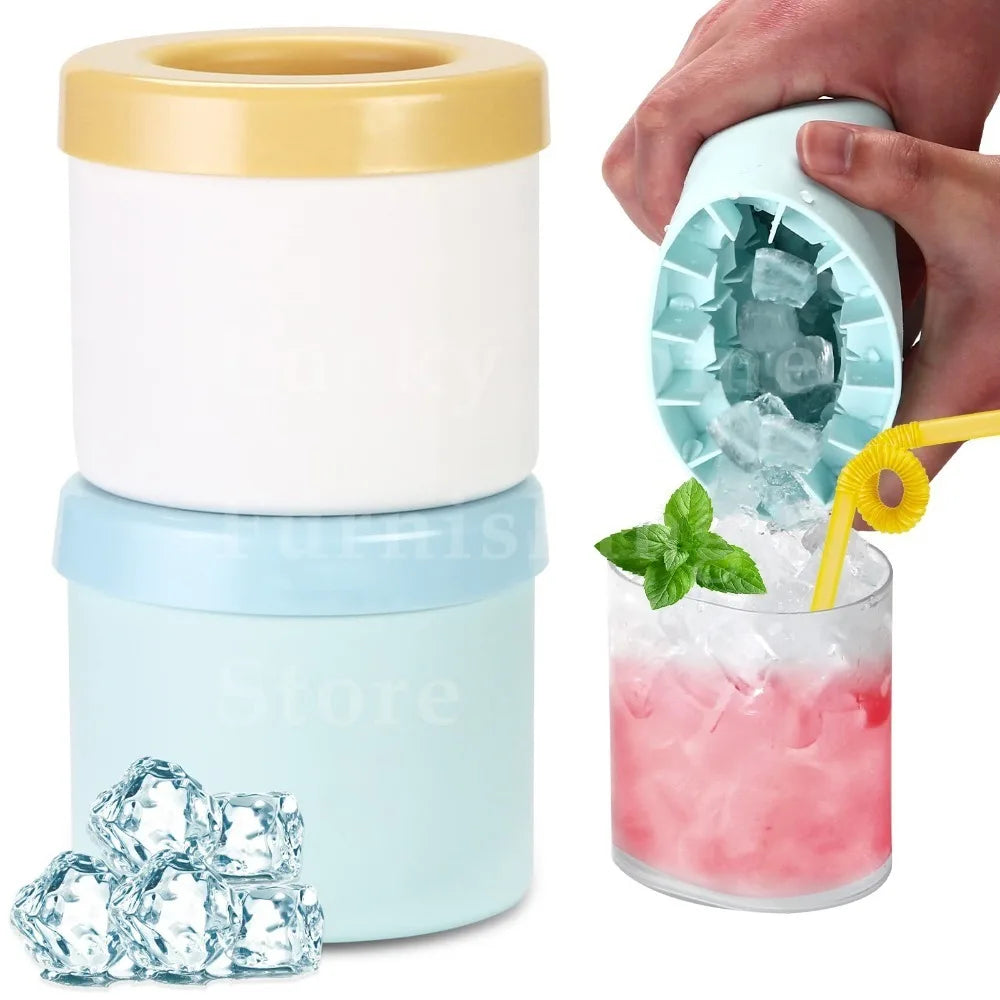 2 PCS Set Ice Bucket & Maker, Round Silicone Mold with Quick Freeze Tray, Food Safe Ice Cube Container for Party & Household Home Drinkware Accessories Barware Supplies.