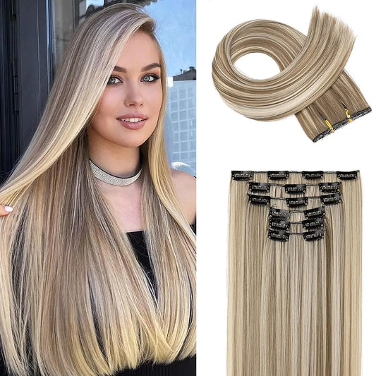 Black Hair Extensions 24"/60cm 140g 6pcs/set Women Long Straight Synthetic  Full Head Clip 16 Clips  Ombre  Heat Resistant Fiber