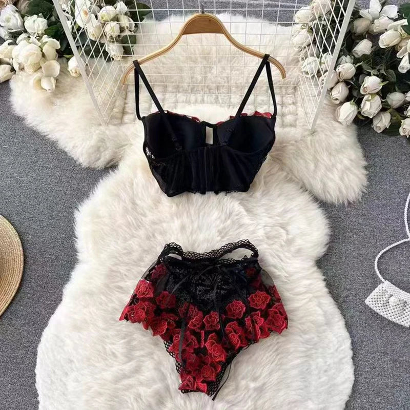 Gathering Underwear Set Super Short Tops Sexy Lingerie Patchwork Lace Flowers Black See-through Women's Secret Clothes Pajamas Ladies Luxury Lingerie Fashion Clothing Products