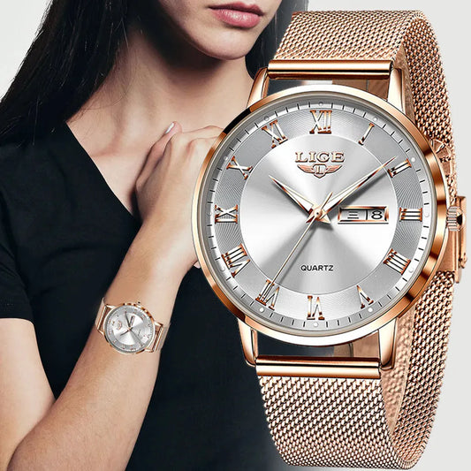 LIGE Fashion Women Watch Top Brand Luxury Ultra-Thin Mesh Watch For Women Casual Sport Quartz Date Chronograph Watches Feminino