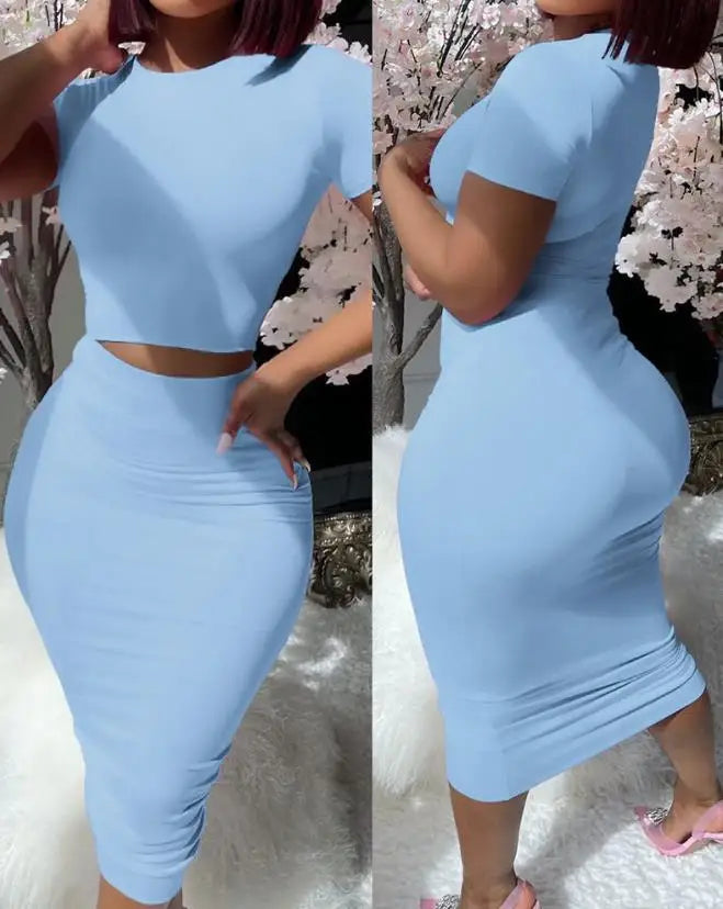 Women 2PCS Sets Elegant Sexy Evening Beach Party Night Club Outfit Short Sleeve Top & High Waist Skirt Set New Fashion Summer Casual Female Suit Ladies Girls Fashion Clothing Supplies