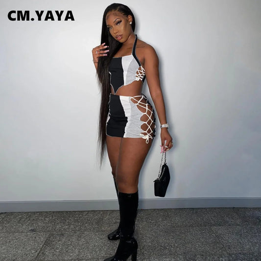 NEW Arrivals 2PCS Set S-2XL Women Set Patchwork Strap Crop Tops Bandage Hollow Out Skinny Mini Skirts Two 2 Piece Sets Tracksuit Sexy Outfit Summer Evening Beach Party Night Clubwear