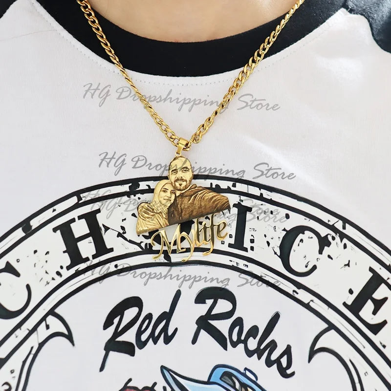 Personalized Custom Picture Nameplate Gold/Silvery 50cm Cuban Chain  Pendant Custom Photo Necklace Engraved Portrait Necklace Anniversary Birthday Wedding Gifts for  Jewelry Family Gifts