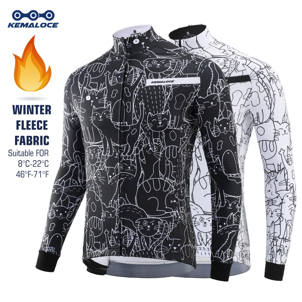 Winter Cycling Jackets Men Fleece Long Sleeves High End Bike Jackets Black&White Thermal Fabric MTB Bicycle Clothing