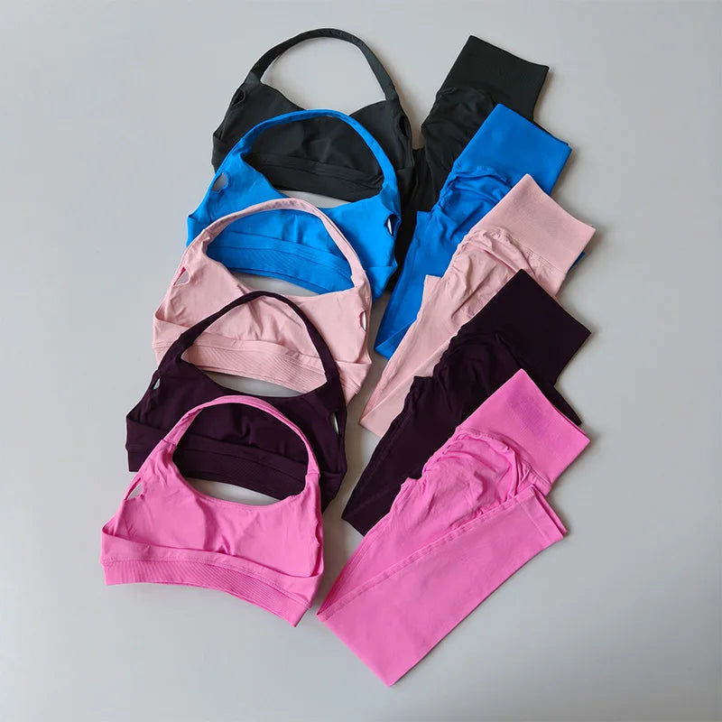 2 PCS Set 12 Colors Sports Suit Women's Running Seamless Yoga Thin Straps Beautiful Back Fitness Bras Gym High-waisted Peach Leggings Sets