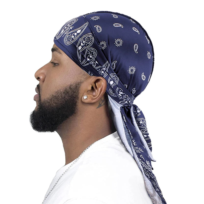 New Men Satin Paisley 8 Colors  Durag Turban Bandanas Headwear Silky Durag Doo Rag Long Tail Pirate Hat Wave Caps Hair Accessories