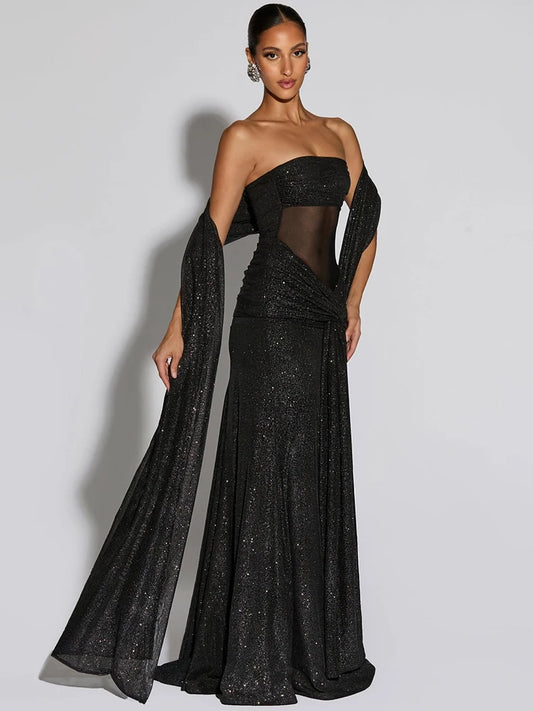 Brown/Black Color Sparkle Strapless Draped Sexy Maxi Dress Women Elegant Off-shoulder Sleeveless Backless Ruched Club Party Long Dress