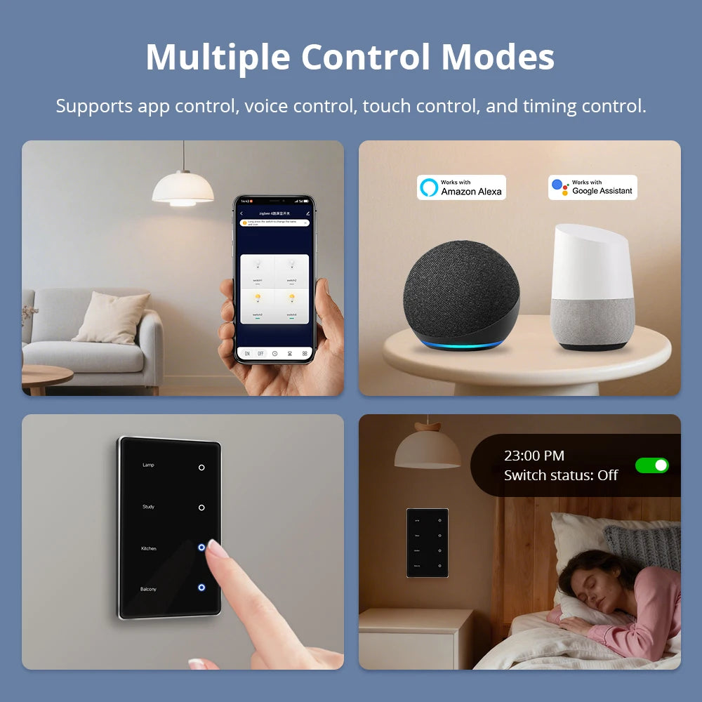 4 Gangs Zigbee Smart DIY Name Lights Switch Sensing Function Voice Control Black Panel Touch Screen Light Switches US Type Neutral Required Works with TUYA App Control  Smart Life App