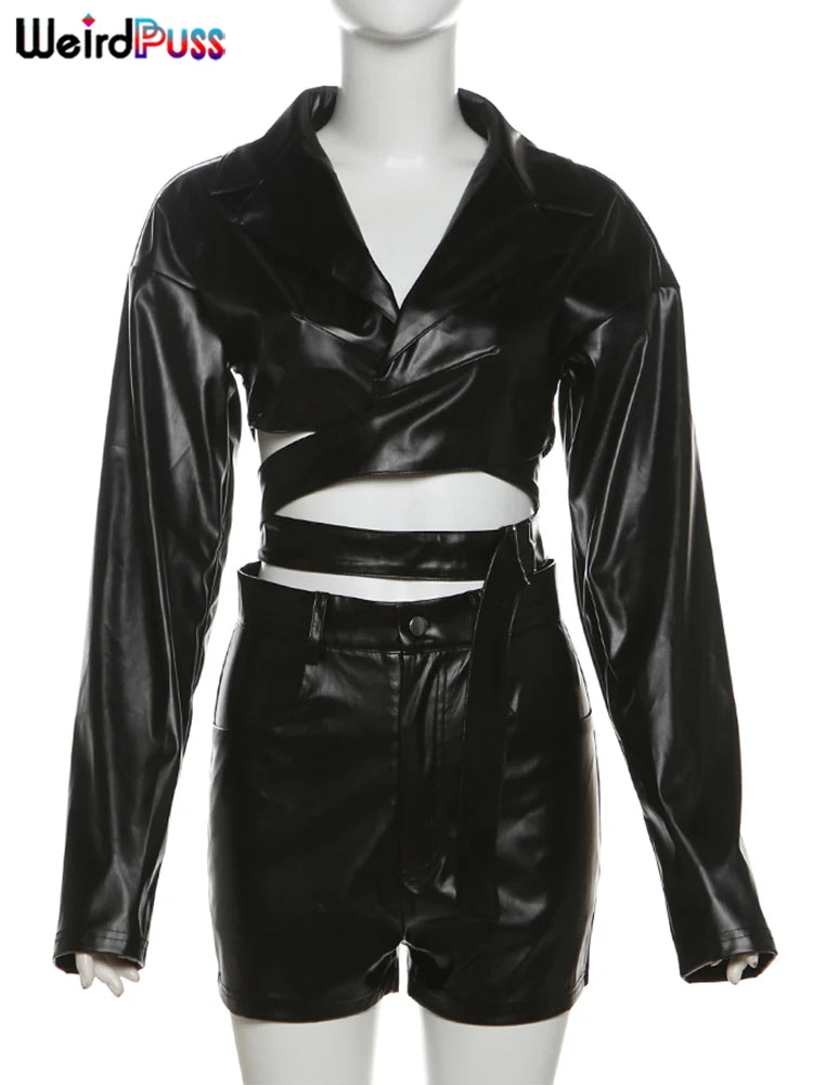 2PCS Set Sexy PU Leather Hipster Women Girls Fall Trend V-Neck Cross Sash Sexy Crop Tops+Shorts Matching Streetwear Outfits Evening Night Clubwear Female Ladies Luxury Fashion Clothing Supplies