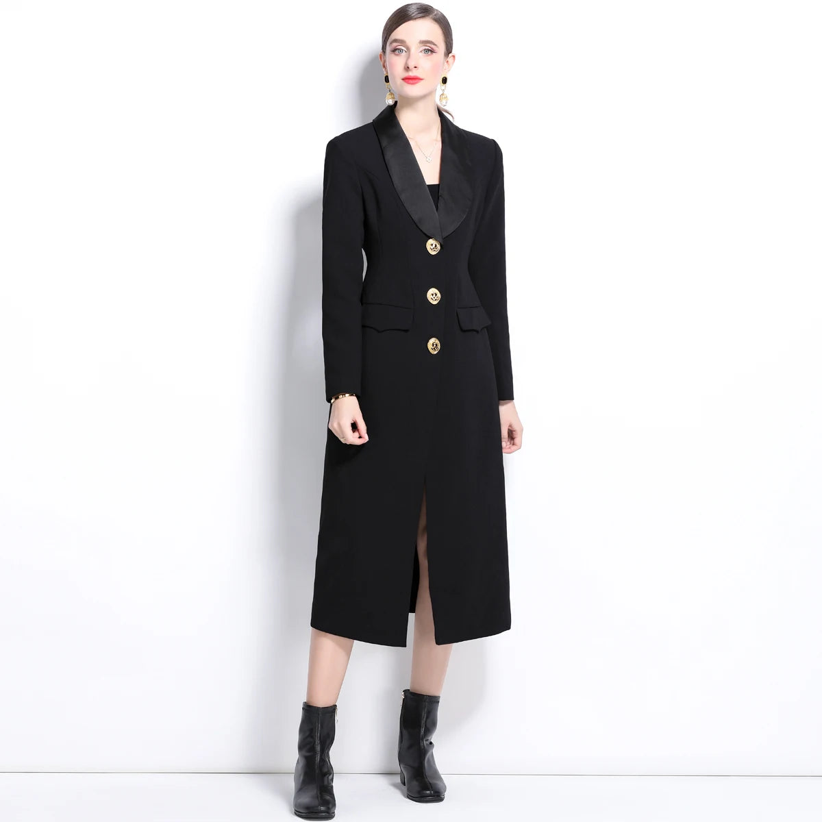 NEW Arrivals UK S-2XL Size Vintage Black Autumn Winter Clothes Long Sleeve Bodycon Pencil Notched Blazer Suit Coat Midi Dresses Women Office Lady Suit