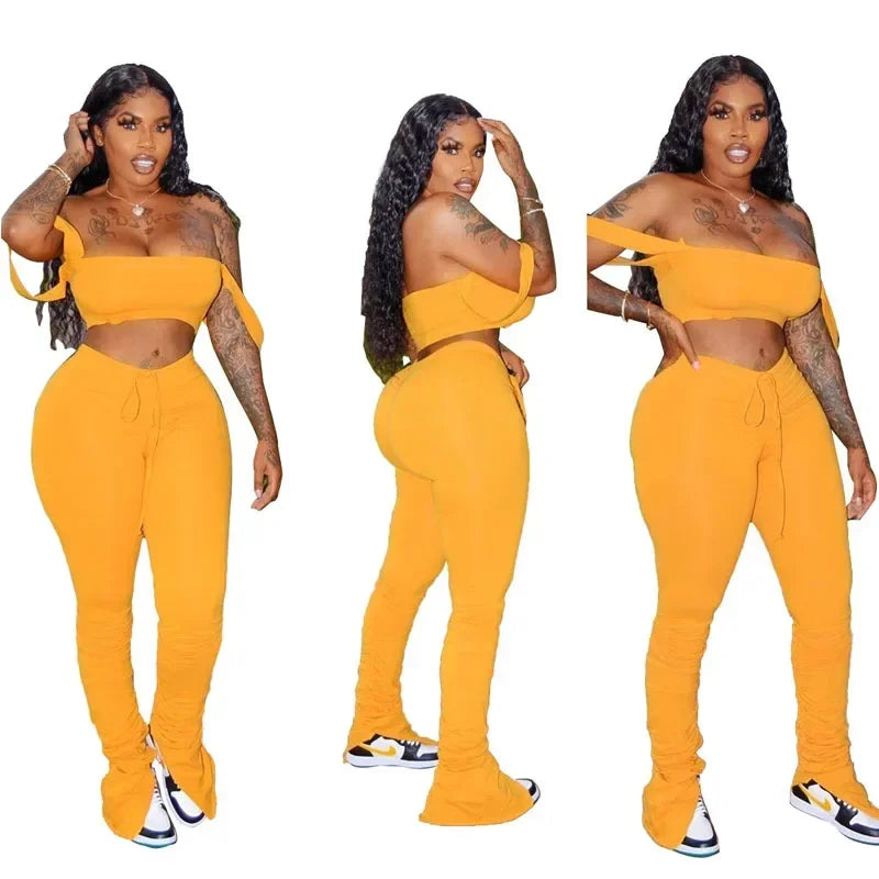 Women Tracksuit Suit 2 Piece Set Skinny Elastic Strapless Tops and Fold Slit Thin Pants Casual Female Sweatshirt Sportswear Suit