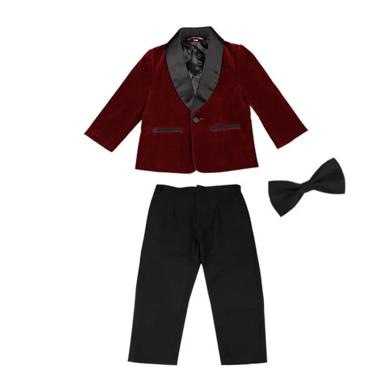 4 PCS Set Green/Black/Red Velvet Suit Luxury Fashion Baby Boy Formal Clothes Set Velvet Jacket Pant Shirt Bowtie Infant Toddler Child Blazer Jacket Baby Clothes Suit 1Y-12Y
