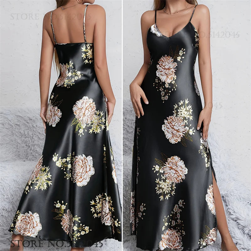 NEW S-XL 4 Colors Women Long Ice Silk, Rayon Nightgown Chemise Sleepwear Print Flower Suspender Nightdress Intimate Lingerie Summer Silk Satin Home Wear Loungewear