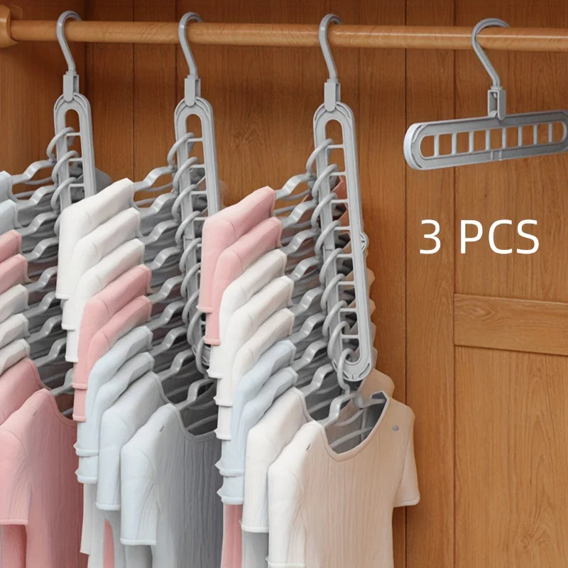 3 PCS Set, Plastic 9-Hole Foldable Hangers, Heavy Duty Space Saving Clothes Organizer Hangers, For Room, Closet, Wardrobe, Drying Racks Home Clothing Accessories