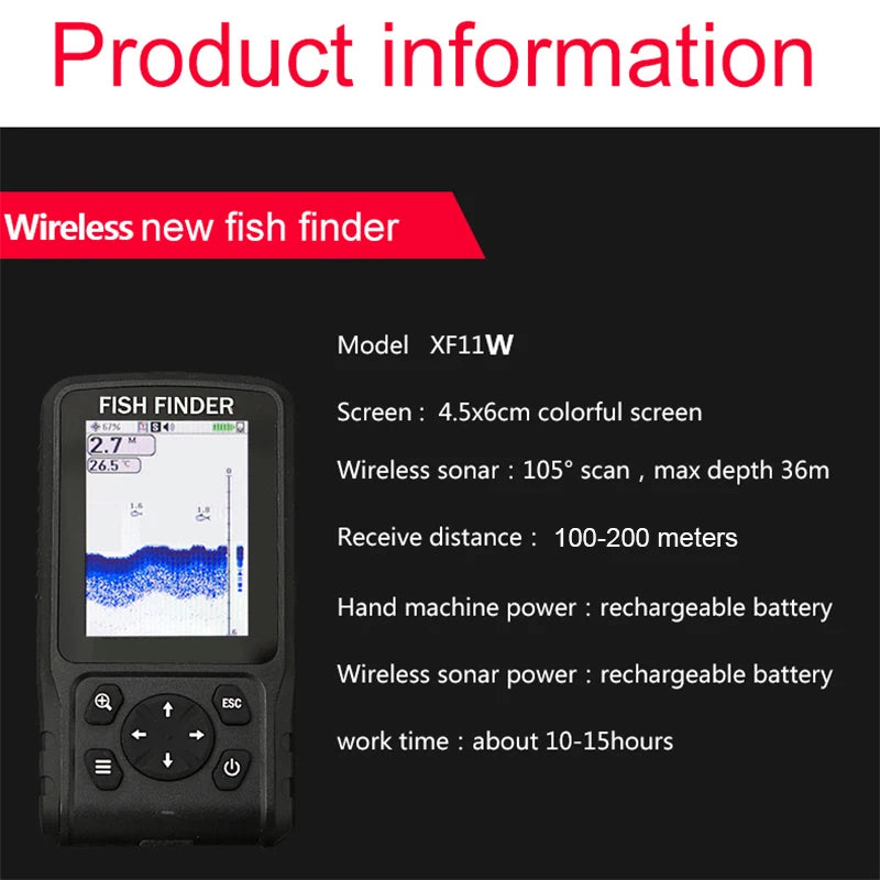 English Language 100-200meters Professional Wireless Sonar Fish Finder Dot Matrix Sonar Sensor Transducer Depth Echo Sounder  Recharged Battery Ocean Lake River Fishing Supplies