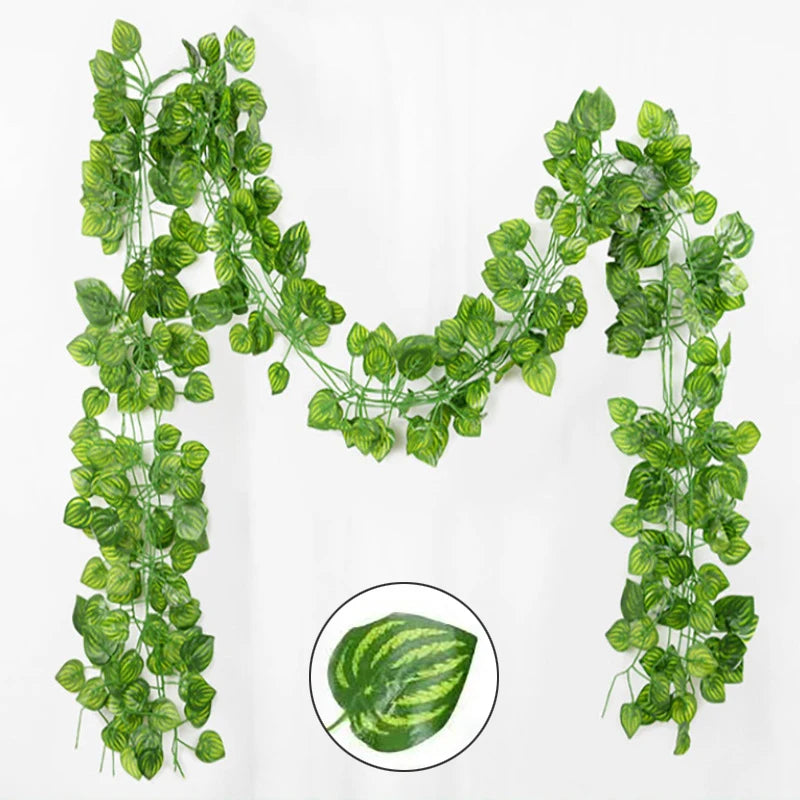 10M-105M 50 Strings Artificial Vine Leaf Decoration Vine Plants Hanging Outdoor DIY Fake Green Ivy Leaf Garland Rattan Wedding Garden Creeper Grapes Watermelon Begonia Sweet Potatoes Leaves