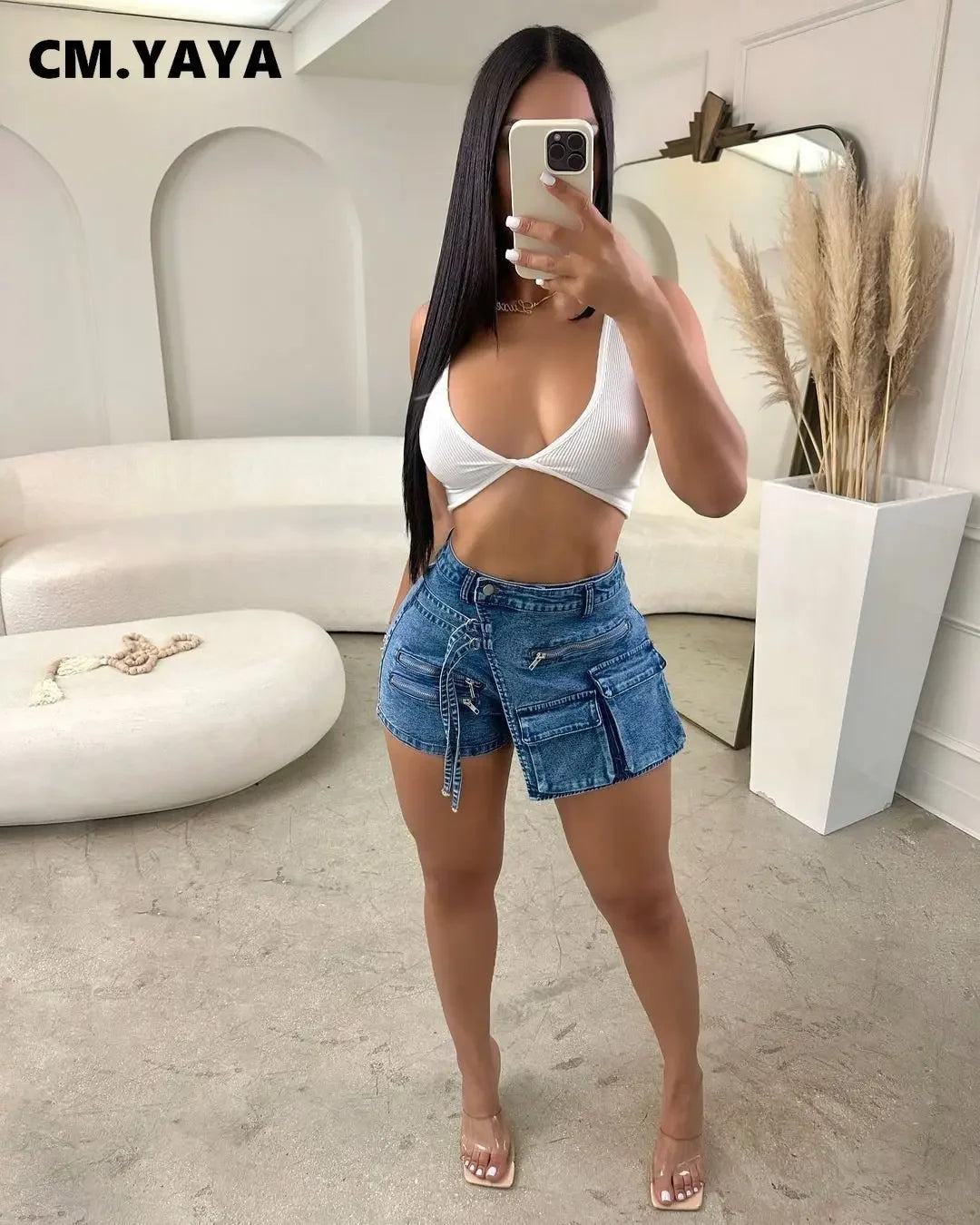 Women Zipper Fly Pocket Front Button Splicing A-line Skirt Jeans Shorts  Summer INS Denim Blue Denim Shorts