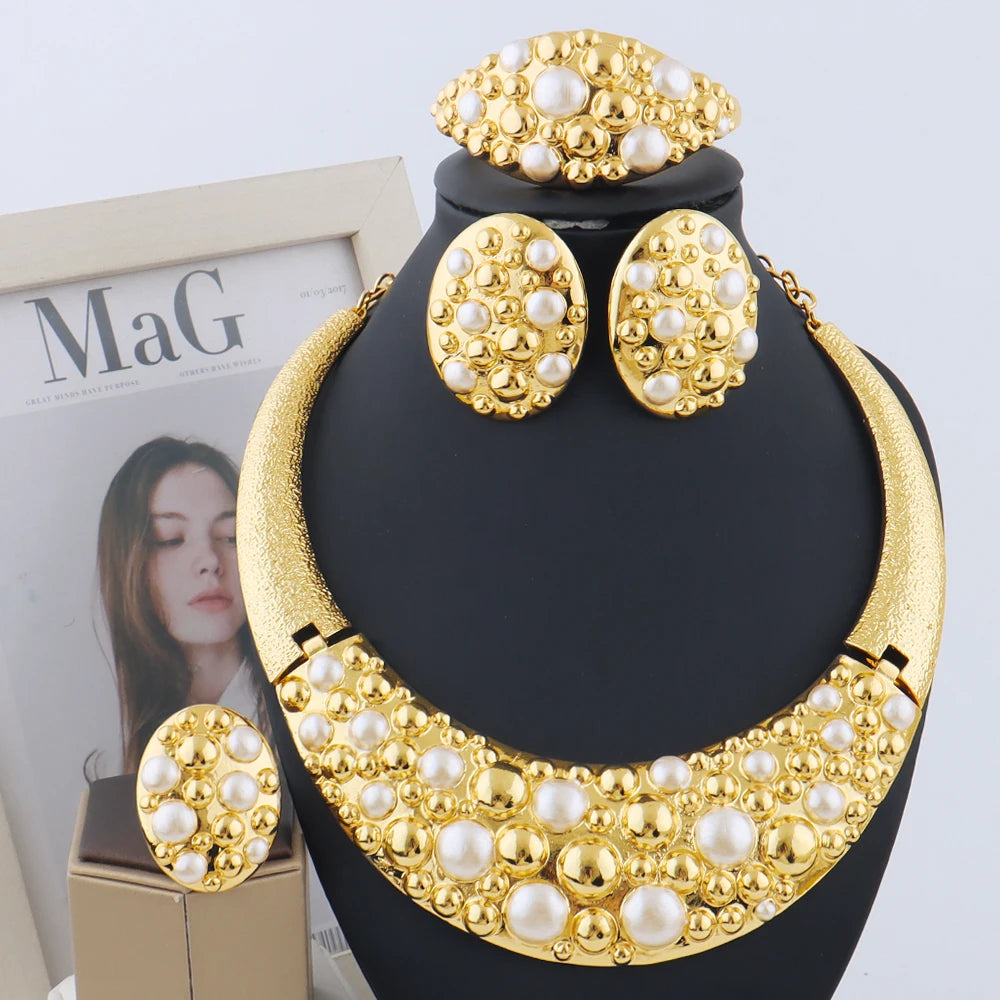 Dubai 24k Gold and Silver Plated Jewelry Set Luxury Women Original Necklace Earrings Pearl Bracelet Ring Bridal Evening Wedding Party Business Dinner Red Carpet Jewelry Luxury Gift for Wife Girlfriend