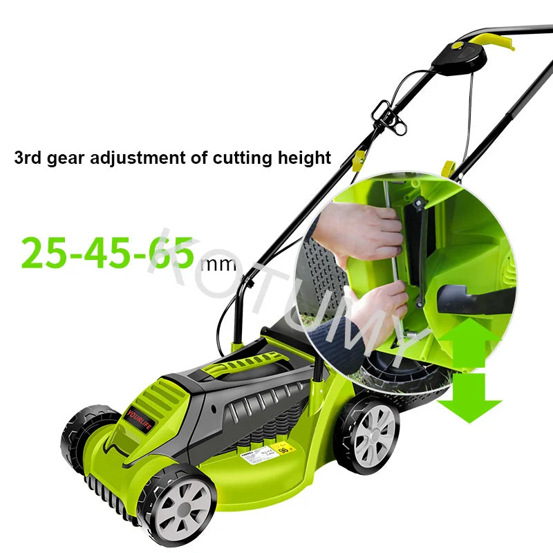 220V Electric Lawn Mower Hand Push Grass Cutting Machine Multi-Function Lawn Mower 3 Gears 1600W