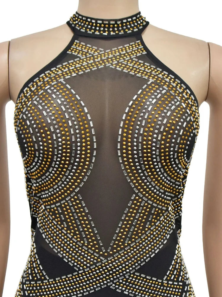 Women's Rhinestones Décor Long Maxi Dress Glam Backless Hallucination Mesh Diamonds Party Dress Celebrities Outfits