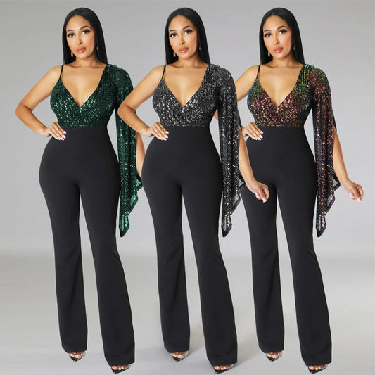 Fashion Women's Jumpsuit Solid Color Elegant Stage Sequin Mesh Glitter Party Night Sexy One Shoulder Cape Spring Jumpsuit