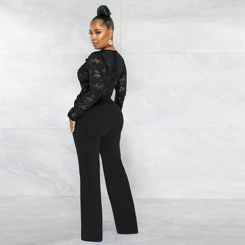 Fashion Casual Women Lace See through V Neck Jumpsuit Long Sleeve  Wide Leg Pants with Belt Rompers Overalls Casual Streetwear