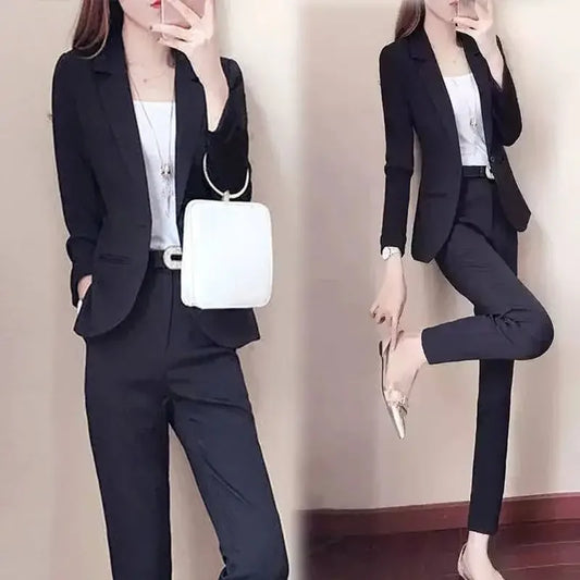 NEW Arrivals 2PCS Set 2 Patterns White/Black Short/Long Pants Coat + Belt for Women Black Trouser Suit Blazer and Outfit Office Lady Professional Business Set Ladies Luxury Fashion Clothing Supplies