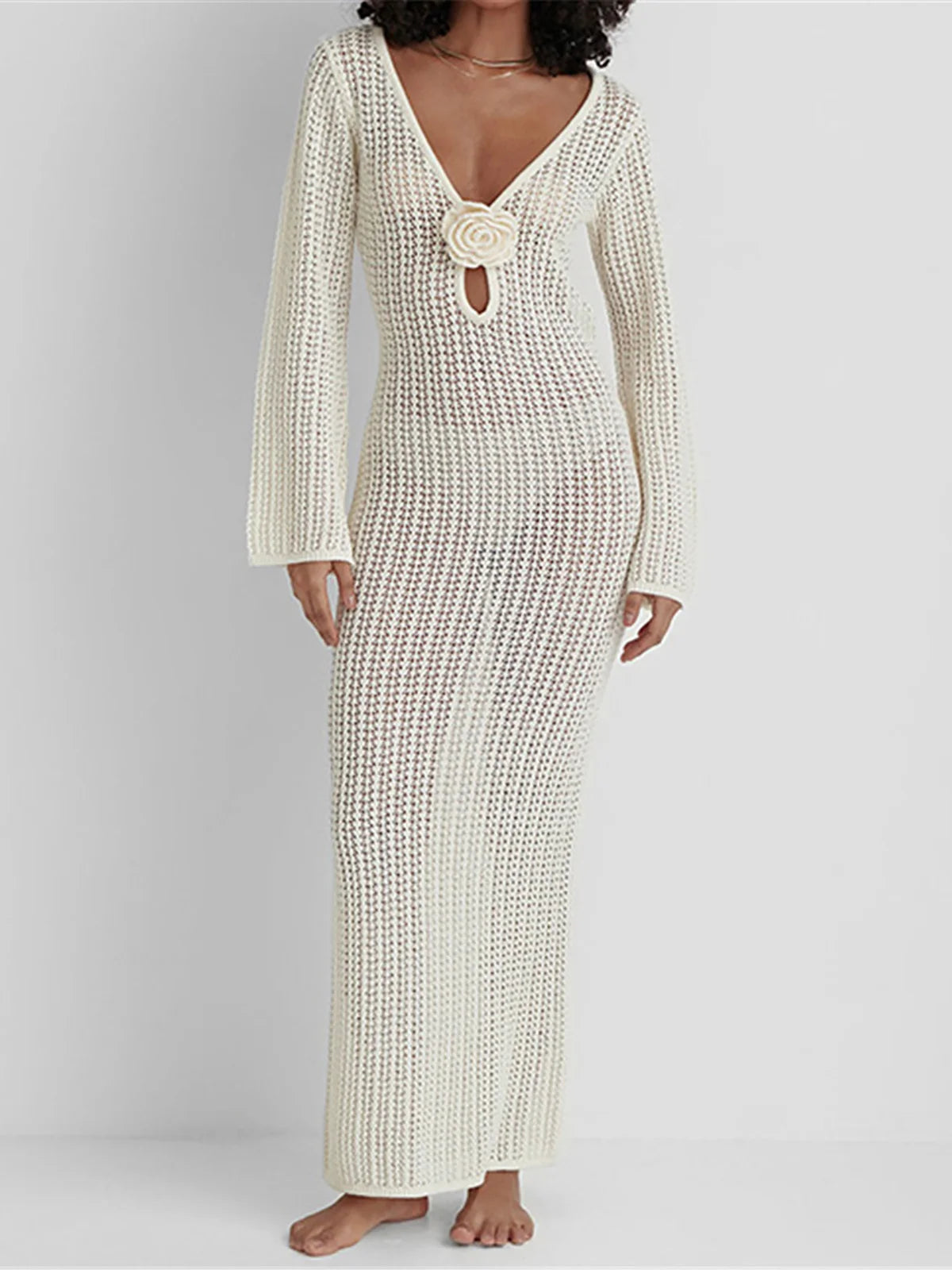 NEW Arrivals UK Size 4 Colors Handmade 3D Flower V-Neck Long Sleeve Crochet Knitted Tunic Beach Cover Up Cover-Ups Beach Women Dress Beach Wear  Ladies Swimsuit Cover Up Sexy Maxi Dress