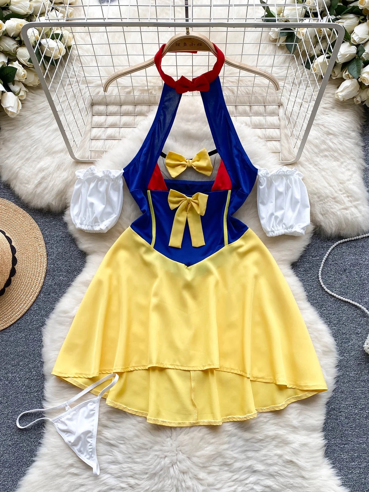Women Preppy Style Sexy Uniform Sets 2024 V Neck Sheer Top+Lace Up Mini Skirt+Thongs Hollow Out Cosplay Porn Suits