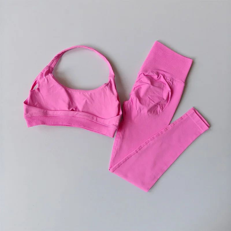 2 PCS Set 12 Colors Sports Suit Women's Running Seamless Yoga Thin Straps Beautiful Back Fitness Bras Gym High-waisted Peach Leggings Sets