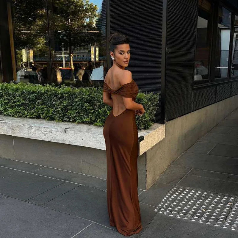Elegant Off Shoulder Maxi Dress Club Party Outfits Women Back Split Sexy Backless Bodycon Dresses