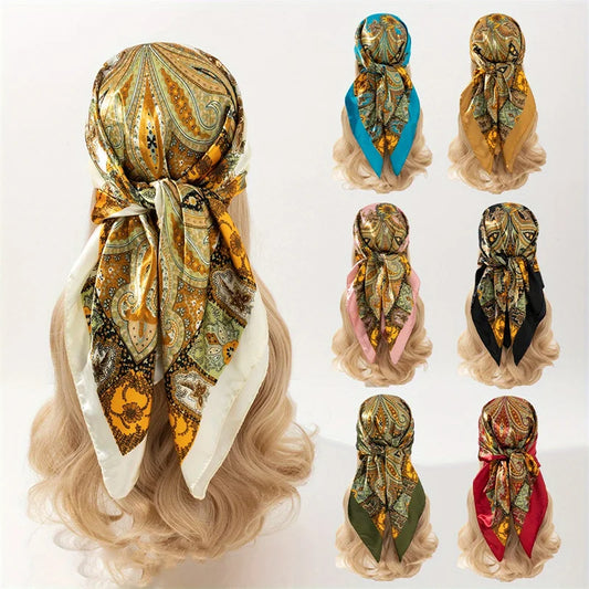 New 90x90cm 18 Colors Silk Shawl Satin Square Scarf For Women Paisley Neckerchief Female New Headband Hair Bands Print Foulard Hijab Wraps Bandana Women Apparel Accessories
