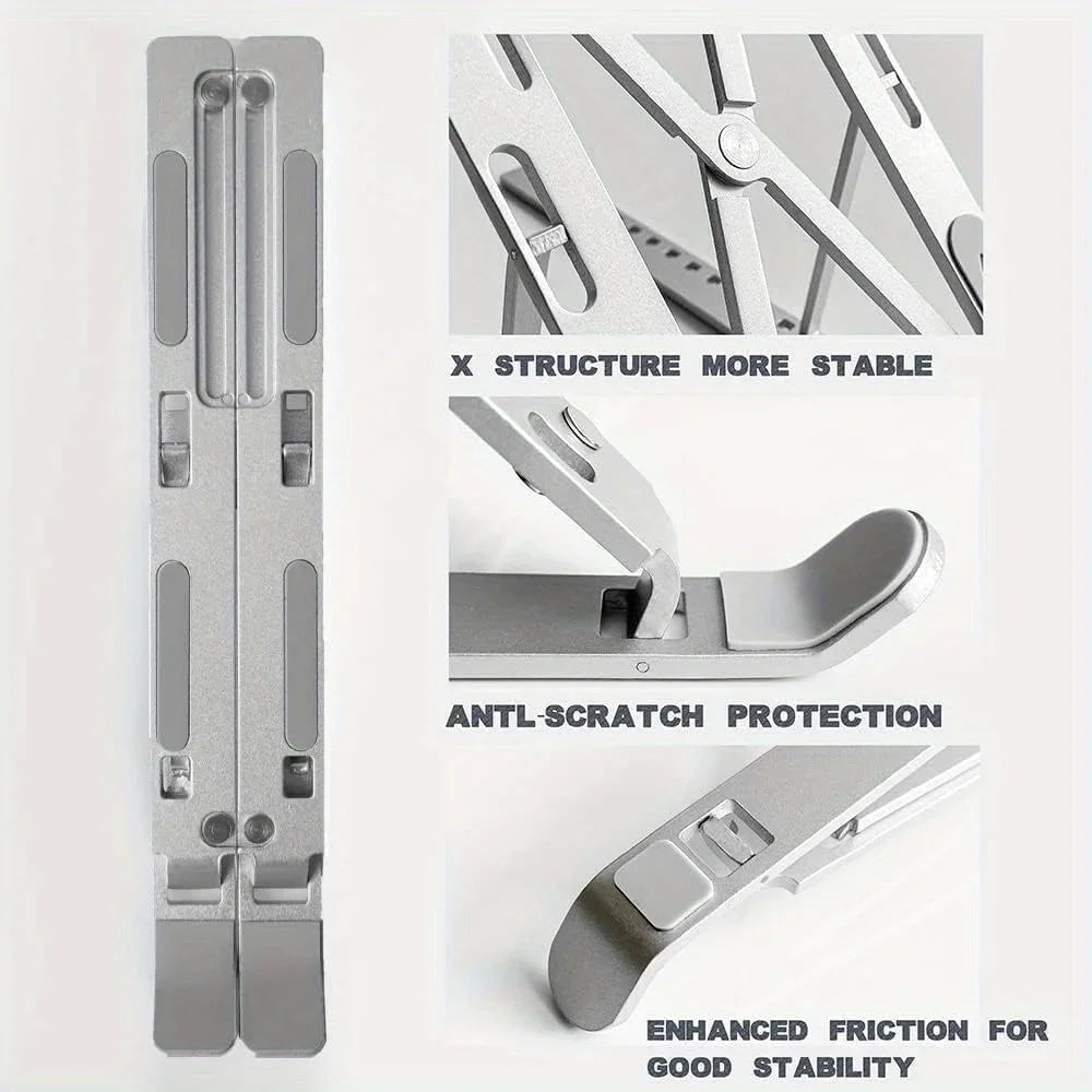 Black/White Color Adjustable Aluminum Laptop Stand - 6-Level Height, Foldable & Portable Design For 8-16” Laptops, Enhanced Ventilation & Heat