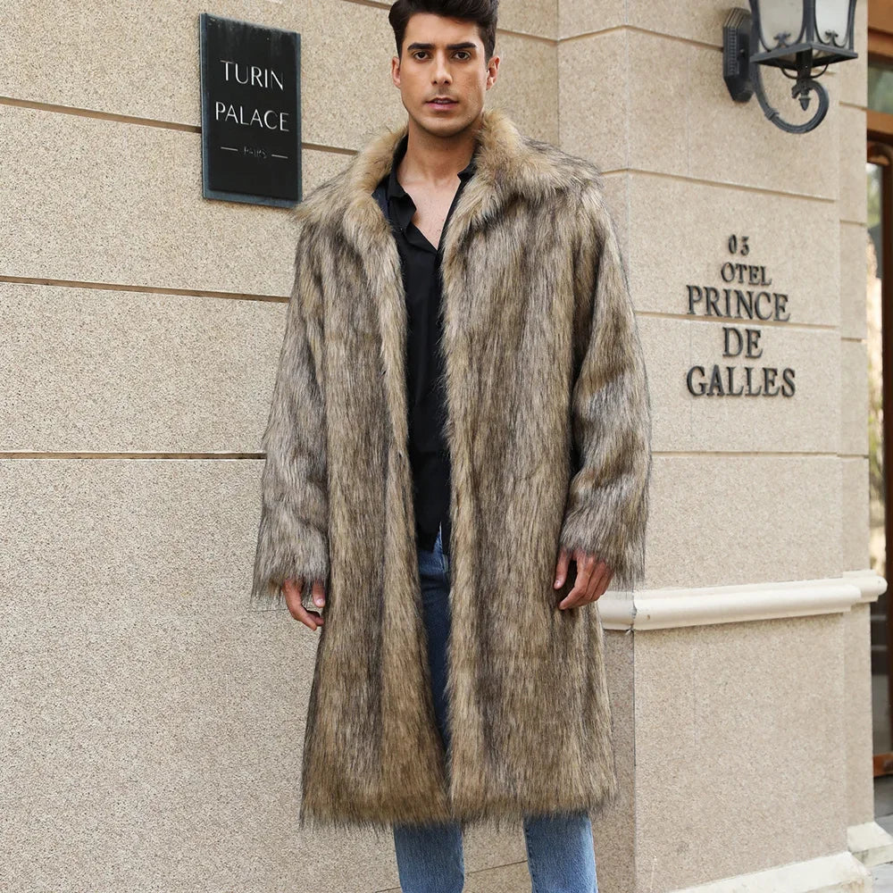 Coat Men's Warm Faux Fur Loose Autumn Winter Brown Long Coats Turn Down Collar Sleeve Men High Waist Maxi Elegant 2024 Jacket