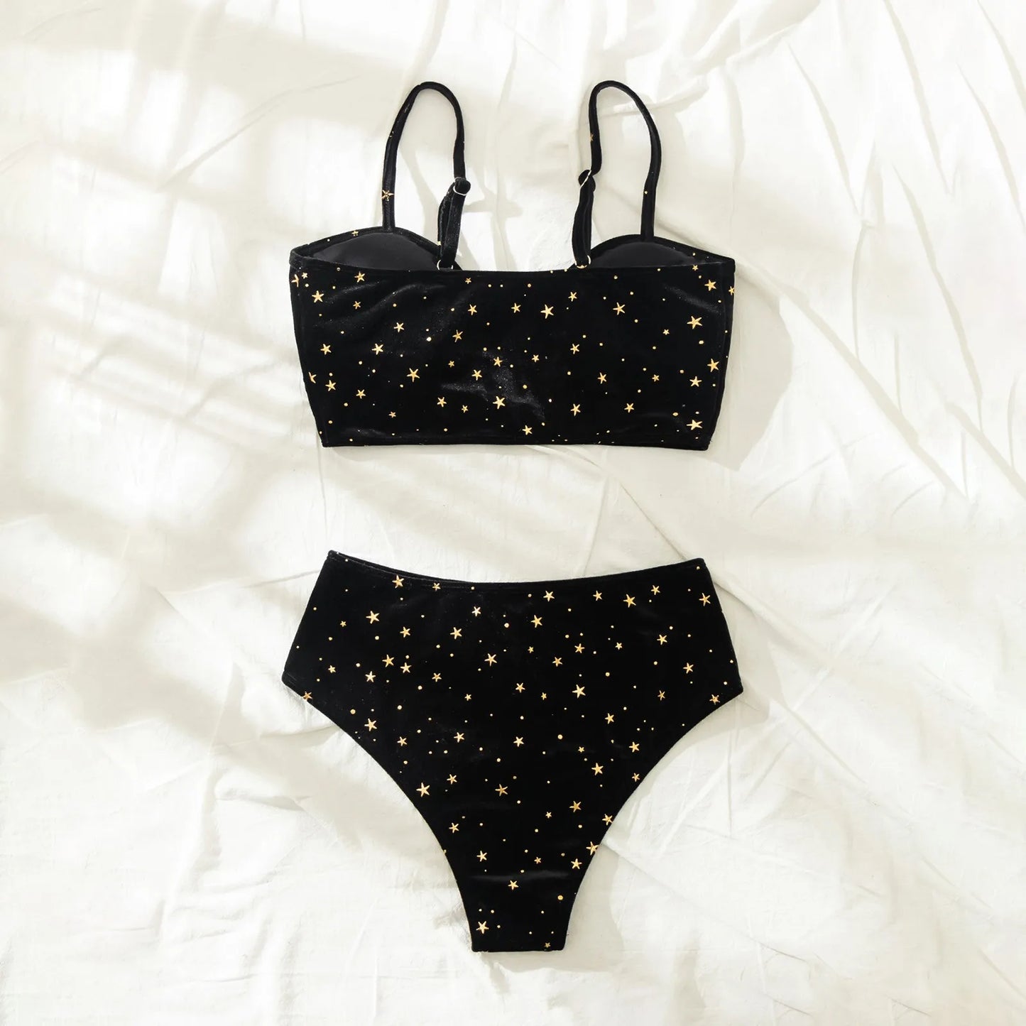 Ladies Sexy Three Point Bikini Swimsuit Fashion Black Velvet Glitter Printed Swimwear Summer Beachwear Swimming Two Piece Set